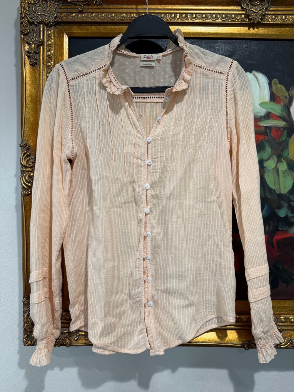 Faherty Blush Peach Button-Front Ruffle Blouse - Picture 2 of 5